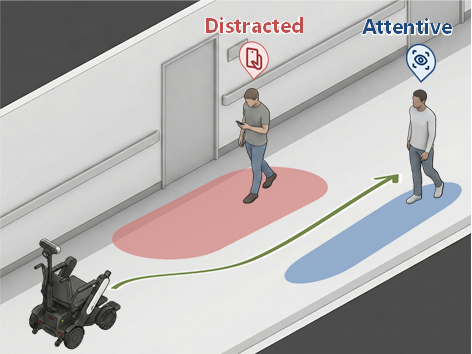 A mobile robot navigating around a distracted pedestrian and an attentive pedestrian